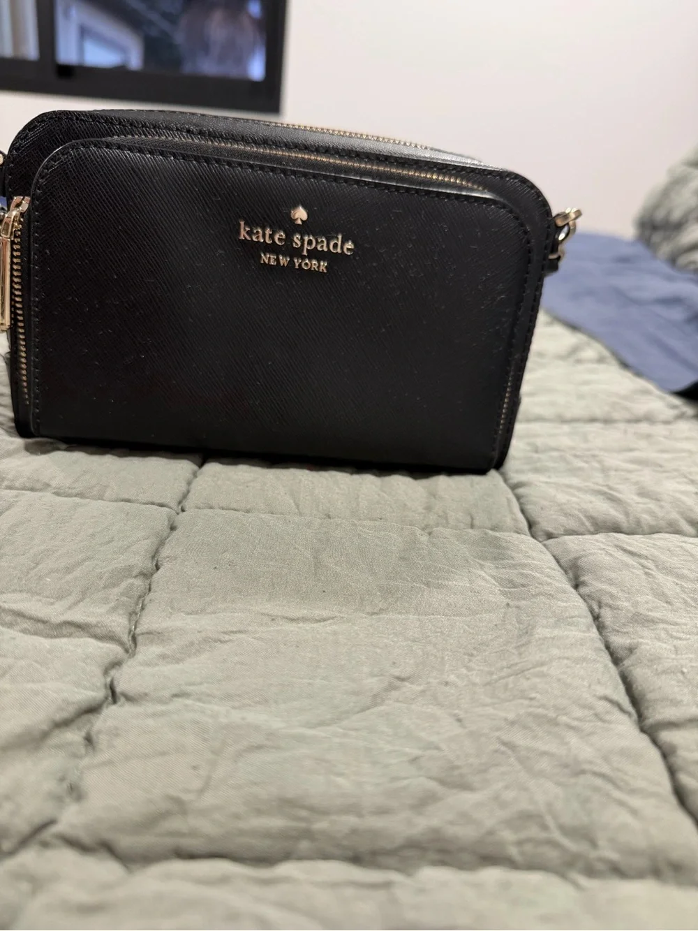 kate spade black leather double-zip crossbody with gold hardware